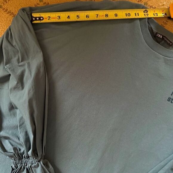 Zara puffed sleeve Made of Stardust teal blue combination sweatshirt NWOT M - Picture 10 of 13